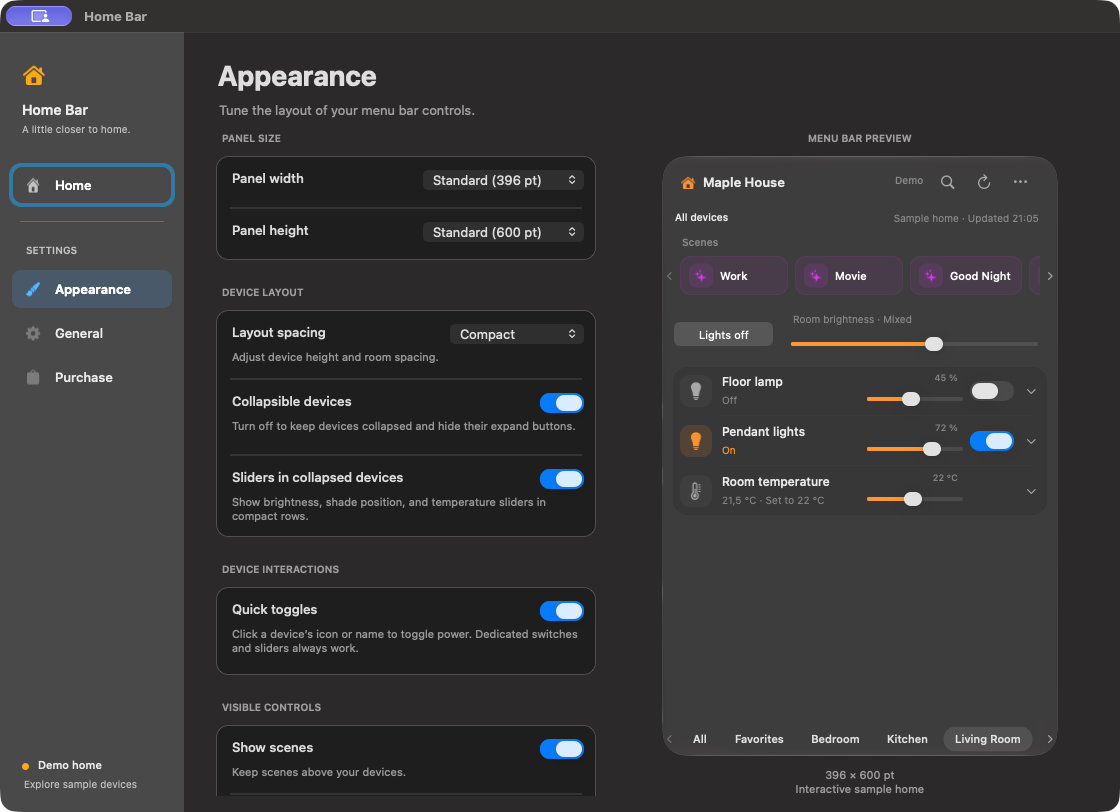 Choose panel size, spacing, and the controls you see. Included in Pro.